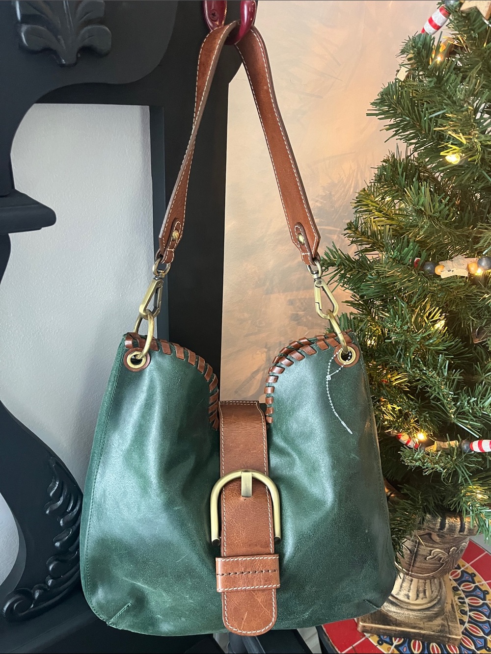 Nino BOSSI Green Leather Hobo with Brown Trim and Strap